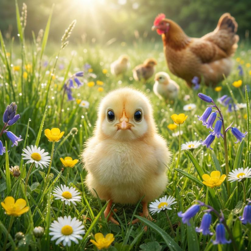 A small yellow chick in a field of wildflowers with a hen nearby.