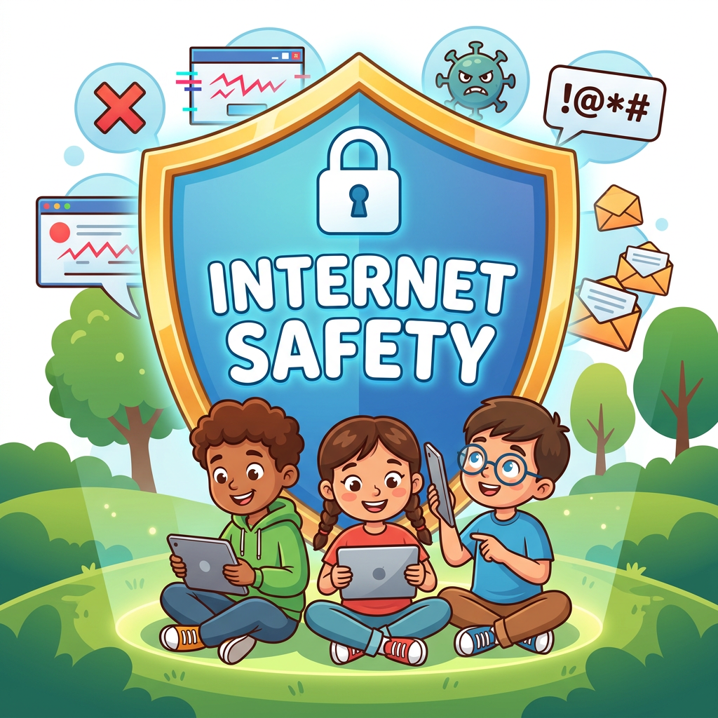 Three children sitting outdoors with tablets and smartphone in front of a shield labeled Internet Safety