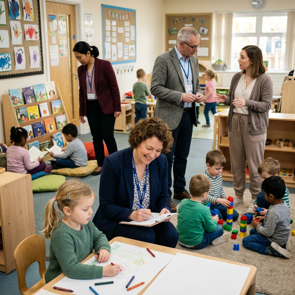 Teachers observing and interacting with preschool children drawing and playing with blocks in a classroom