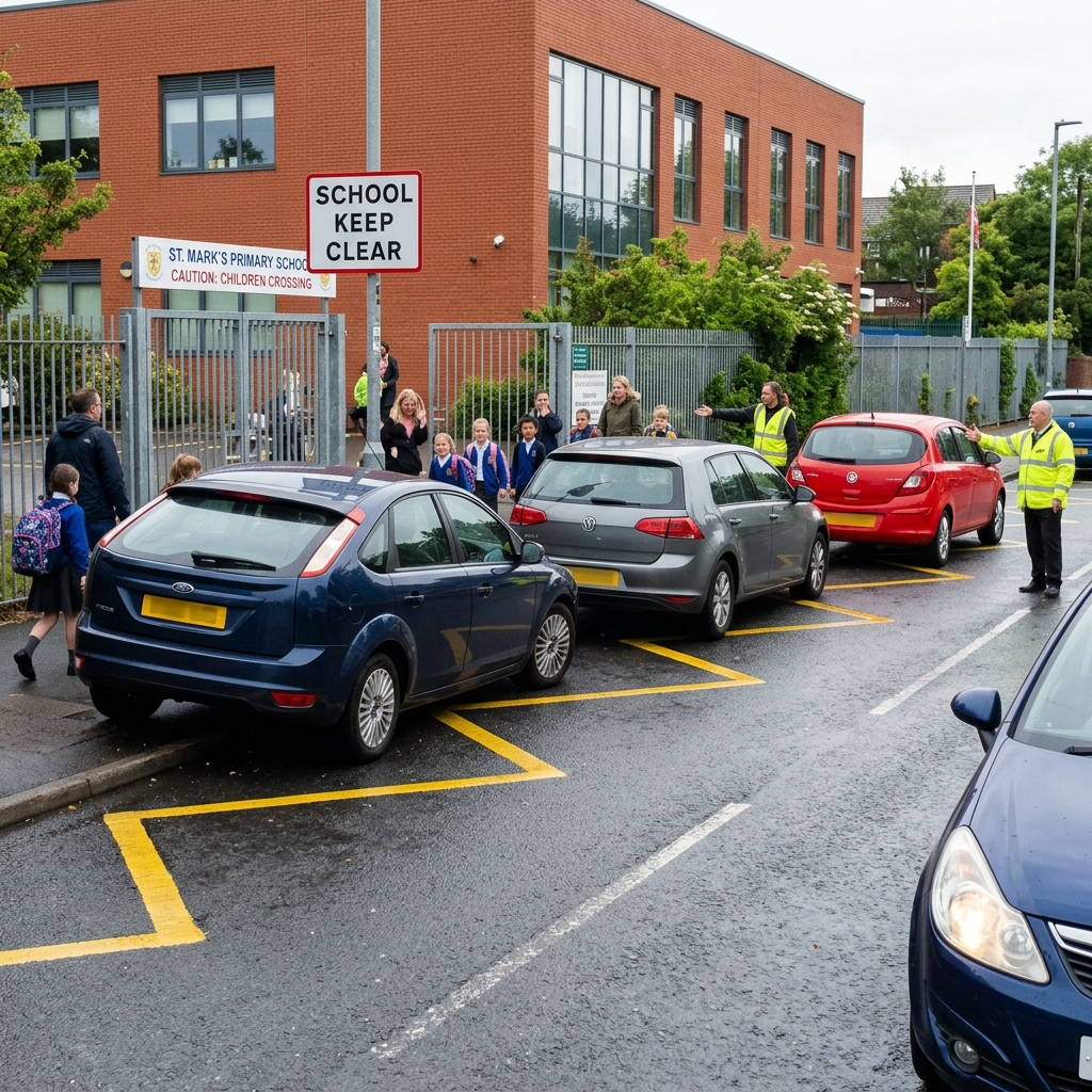Adults assisting children crossing street near St. Mark's Primary School entrance with parked cars and 'School Keep Clear' sign